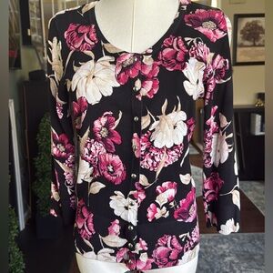 White House Black Market Floral Button-Up Cardigan - Black and Pink